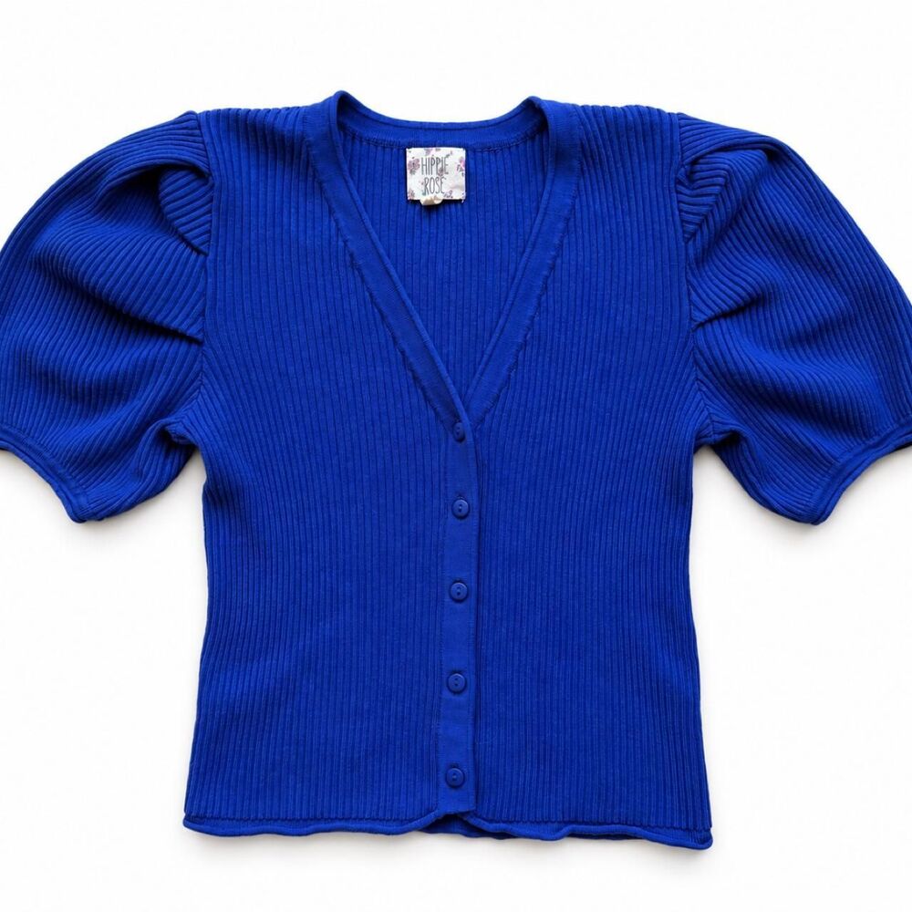 Hippie-rose Cobalt Blue Ribbed Knit Puff Sleeve Cardigan Size S